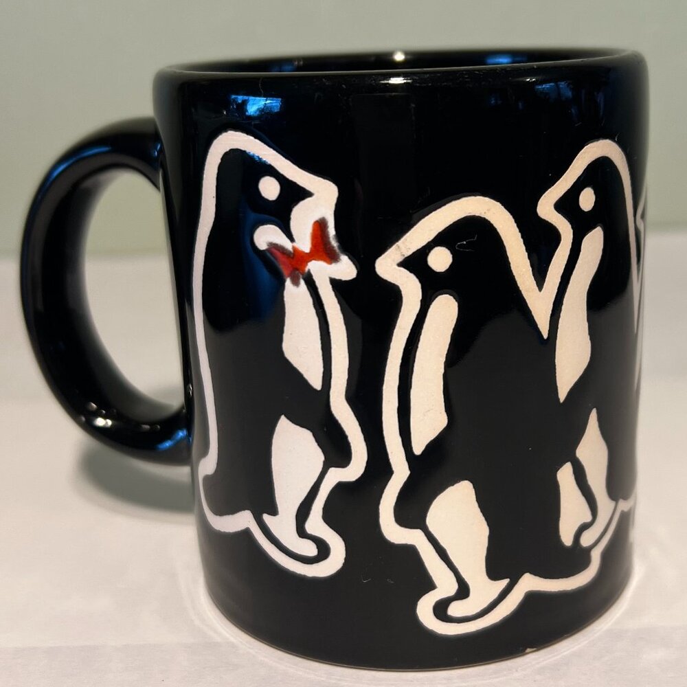 Vintage Embossed Penguin Ceramic Mug Black Onyx Red Bow Tie Tuxedo Coffee Cup